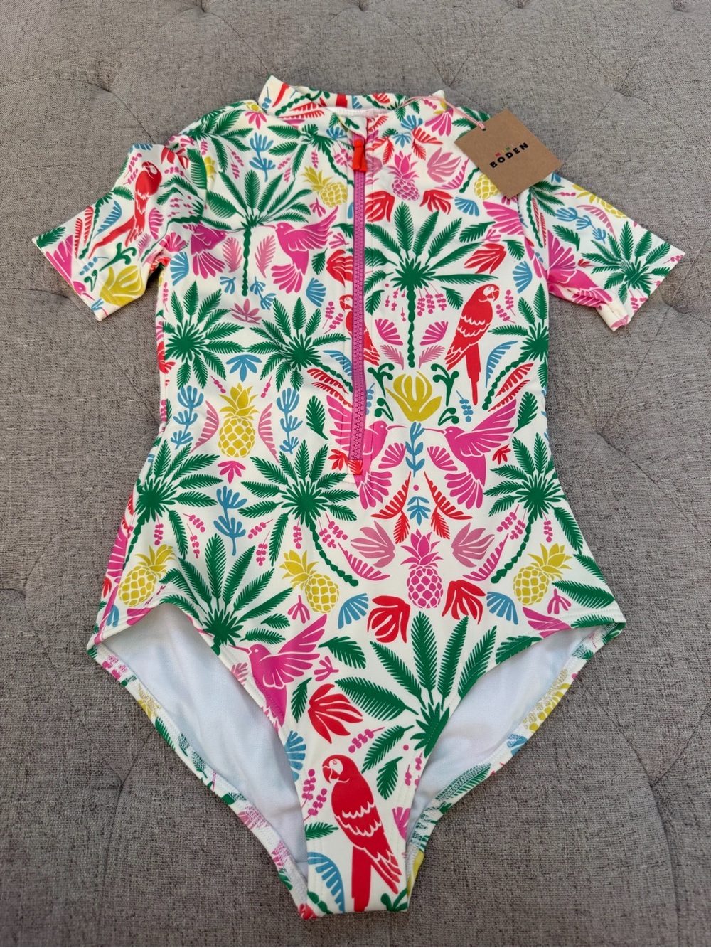 NWT BODEN SHORT SLEEVE SWIMSUIT TREE TOP JUNGLE PARROT SIZE 9-10